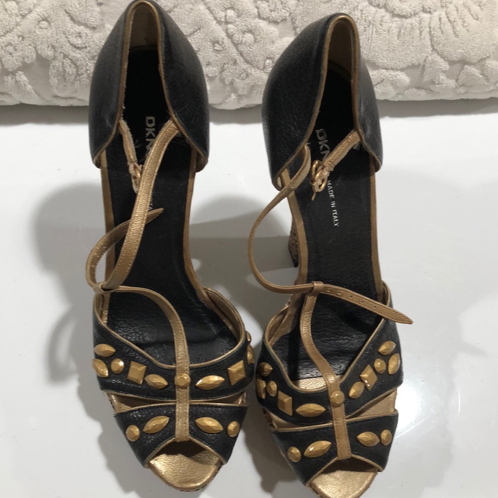 DKNY Vintage black and gold leather wedge heels 7